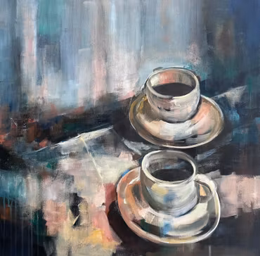 “Coffee in Bed”, akryl på duk av Malin Hjalmarsson, 60 × 60 cm