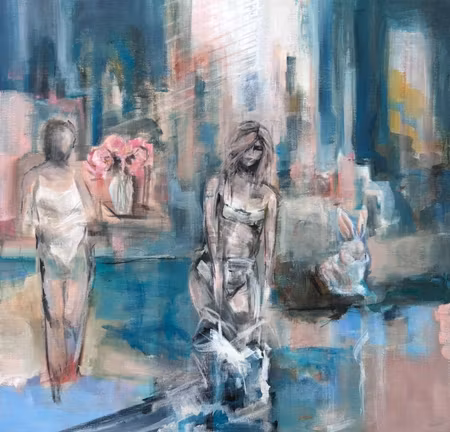 “Bunny in Bed”, akryl på duk av Malin Hjalmarsson, 60 × 60 cm