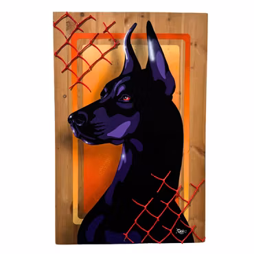 "Purple Protector", akryl, aerosol och resin på furuskiva av John Beijer, 50 × 75 cm