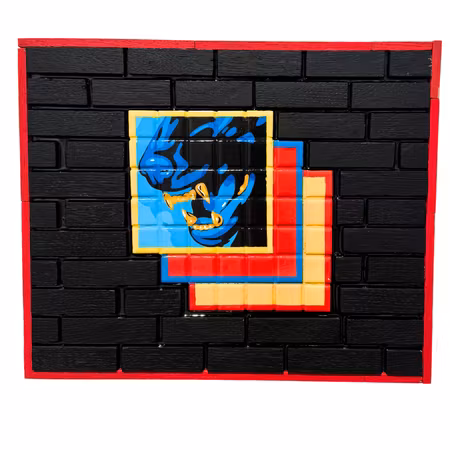 "Golden Grin", akryl på mosaik monterad på furu av John Beijer, 40 × 30 cm