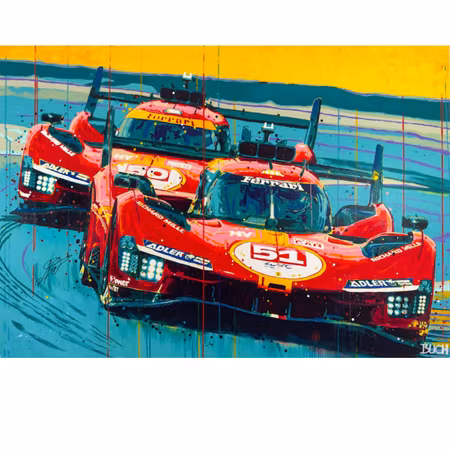 “Ferrari 499P – Legends of Le Mans”, akryl på duk av Allan Buch, 140 × 200 cm