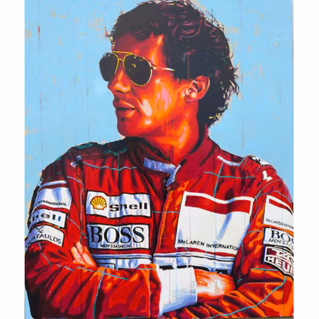 “Senna – The Man Behind the Legend”, akryl på duk av Allan Buch, 120 × 100 cm