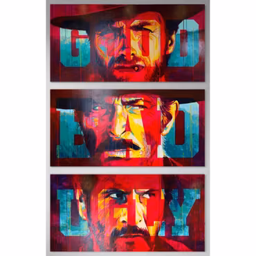 “The Good, The Bad & The Ugly – Trilogy in Paint”, akryl på duk av Allan Buch, triptik, 100 × 200 cm (×3)