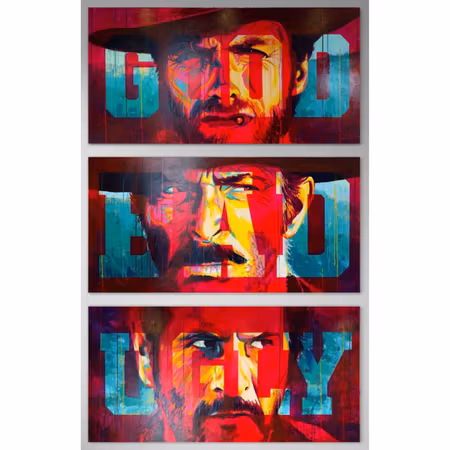 “The Good, The Bad & The Ugly – Trilogy in Paint”, akryl på duk av Allan Buch, triptik, 100 × 200 cm (×3)