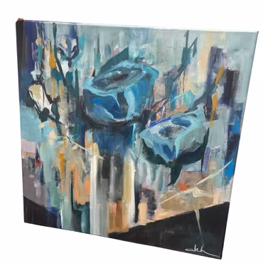 “Blue Bud”, akryl på duk av Malin Hjalmarsson, 50 × 50 cm