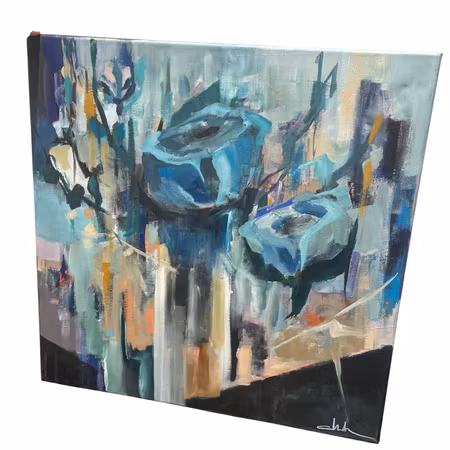 “Blue Bud”, akryl på duk av Malin Hjalmarsson, 50 × 50 cm