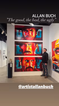 “The Good, The Bad & The Ugly – Trilogy in Paint”, akryl på duk av Allan Buch, triptik, 100 × 200 cm (×3)
