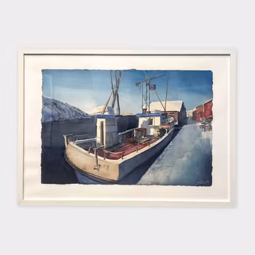 Fiskebåt vid kaj, Skärhamn, Akvarell av Kalle Nilsson, 73 × 53 cm