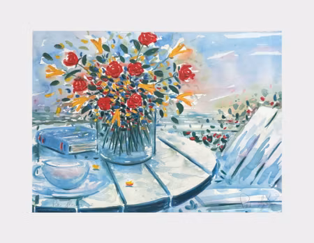 "Patio Flowers I", akvarell av okänd konstnär, 67,5x49,5 cm.