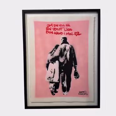 Hellstrom Street Art - Om du vill ha en idiot lägg din hand i min - Stencil på papper. 56x76 cm