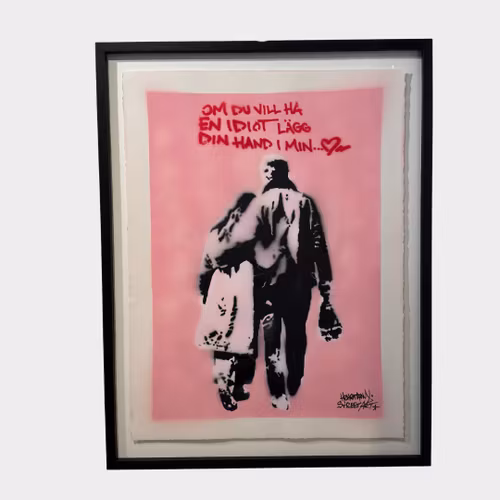 Hellstrom Street Art - Om du vill ha en idiot lägg din hand i min - Stencil på papper. 56x76 cm