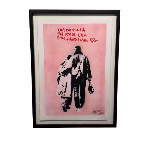 Hellstrom Street Art - Om du vill ha en idiot lägg din hand i min - Stencil på papper. 70x100 cm