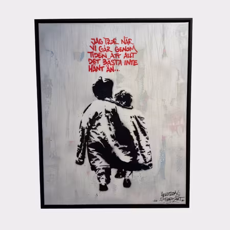 Hellstrom Street Art - Jag tror när vi går genom tiden att allt det bästa inte hänt än. - Stencil på duk. 104x84 cm