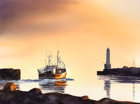 Kalle Nilsson – Glommens hamn, akvarell, 93 x 73 cm