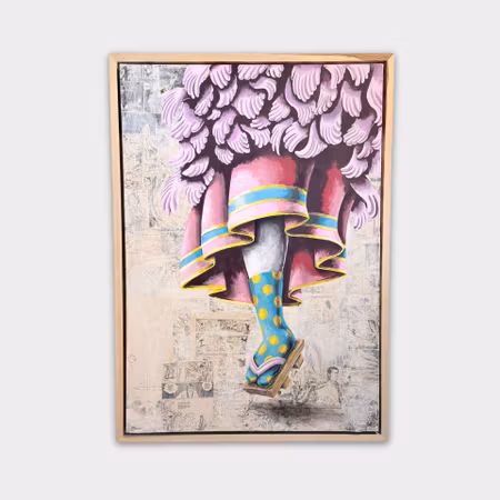 Polka dots and träskor, Blandteknik på duk av Viktor Jusi Palm, 75x105 cm