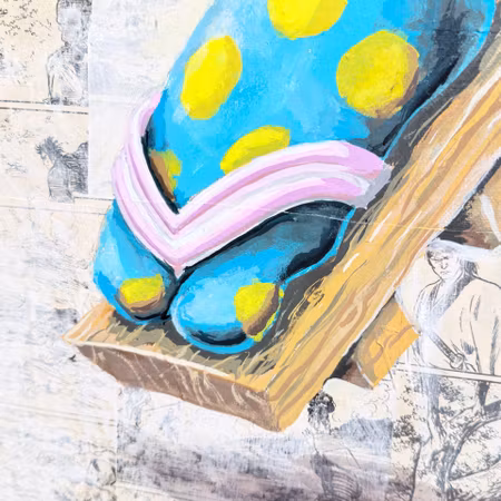 Polka dots and träskor, Blandteknik på duk av Viktor Jusi Palm, 75x105 cm