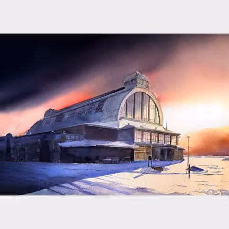 Kalle Nilsson – Saluhallen, akvarell, 123 × 93 cm