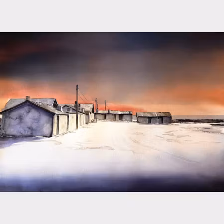 Kalle Nilsson – Grynge fiskeläge, akvarell, 123 × 93 cm