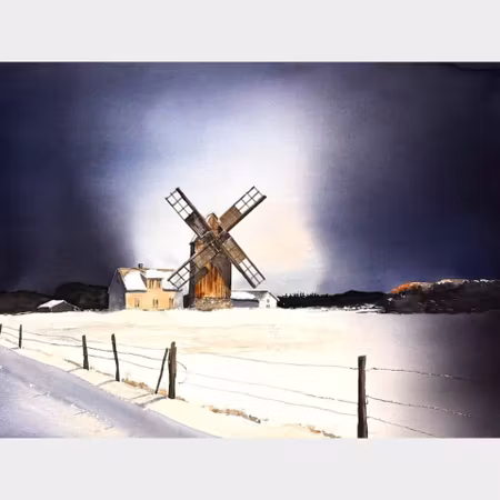 Kalle Nilsson – Väderkvarnen i Ljugarn, akvarell, 93 x 73 cm