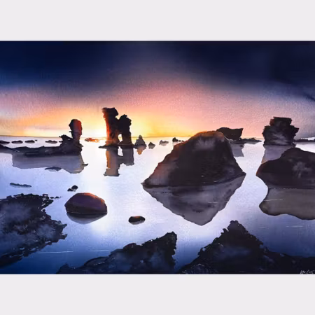 Kalle Nilsson – Gotlands raukar, akvarell, 93 x 73 cm