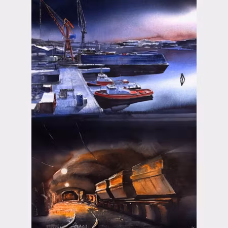 Kalle Nilsson – Varv och gruva, akvarell, 73 x 93 cm
