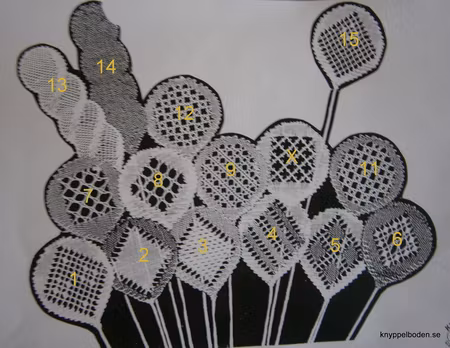 Hildurs ballonger nr 1, 2, 3, 4, 5 och 15.   5,5x5,5 cm,  24 par pinnar