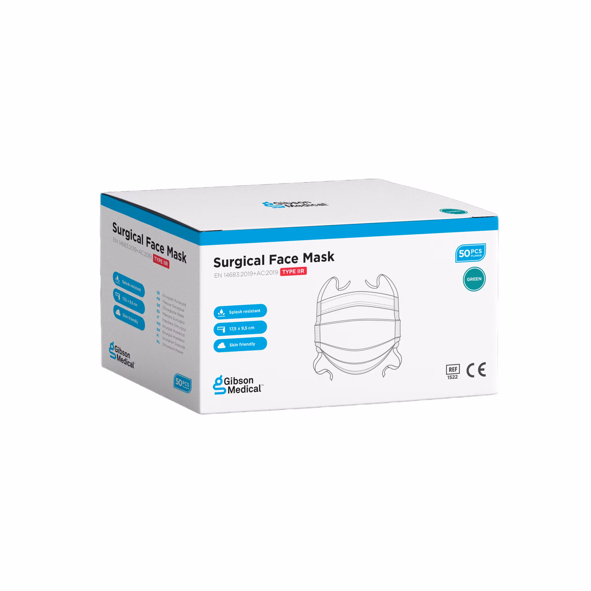 Munskydd med knytband Typ IIR – Grön (50-pack) | Gibson Medical