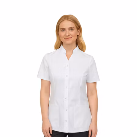 Vit bussarong för dam med tryckknappar och korta ärmar | Velilla