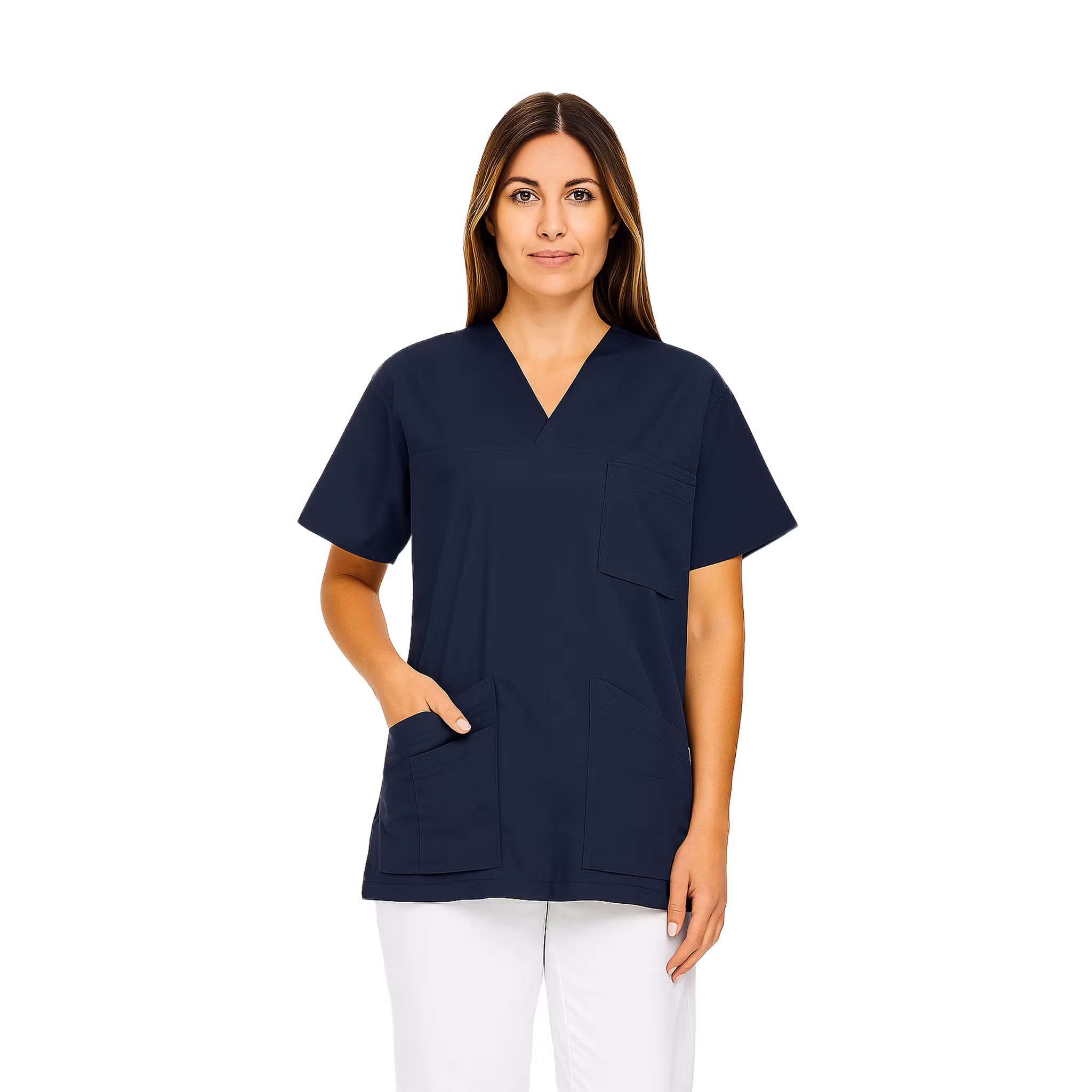 Marinblå vårdtunika i twill med kort ärm för dam | TK Design