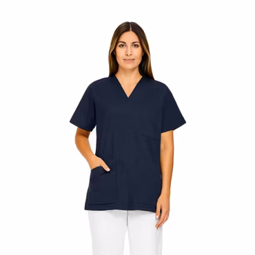 Marinblå vårdtunika i twill med kort ärm för dam | TK Design