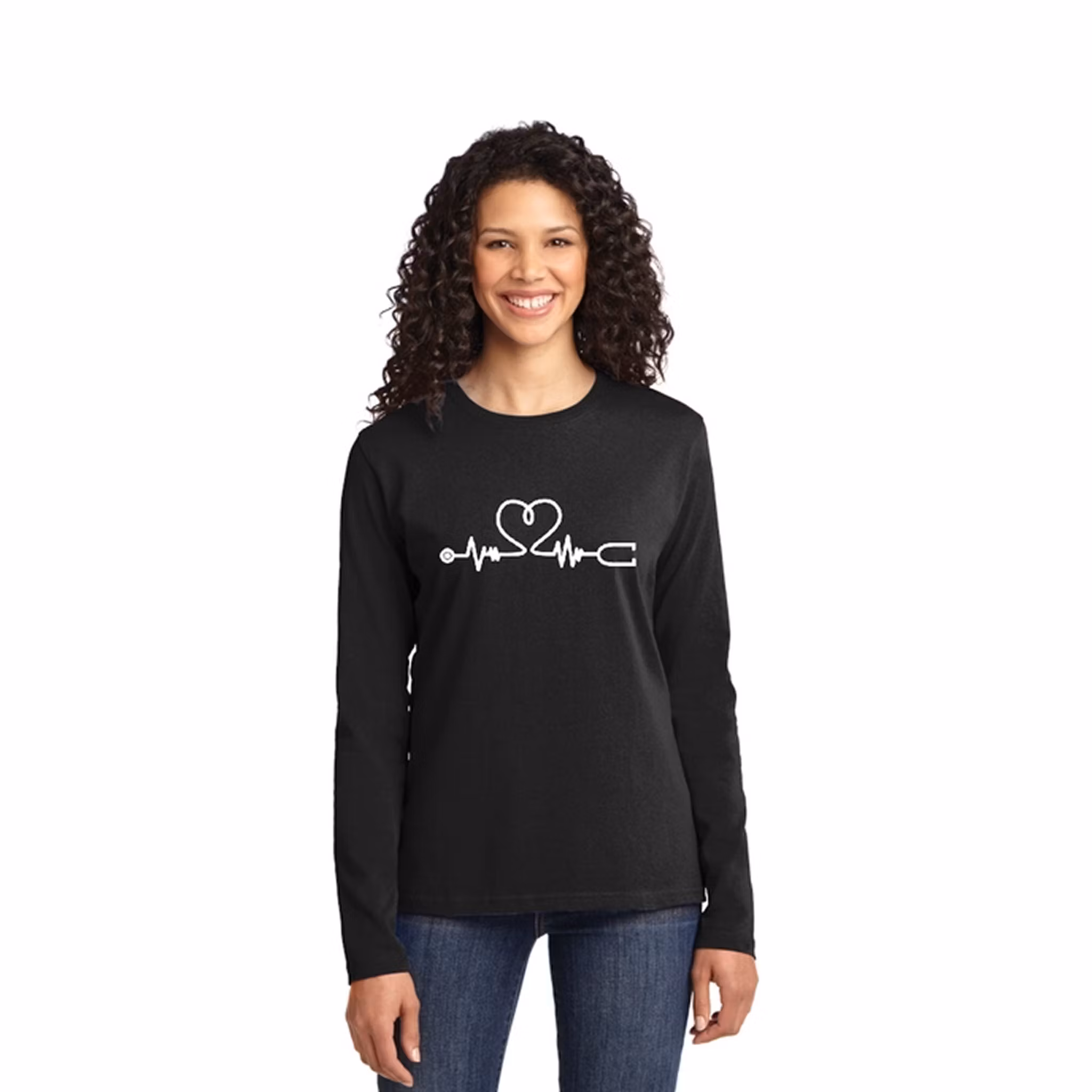 Långärmad t-shirt med tryck för dam – Pulse Heart | Cutieful