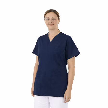 Marinblå vårdtunika i twill med kort ärm för dam | TK Design
