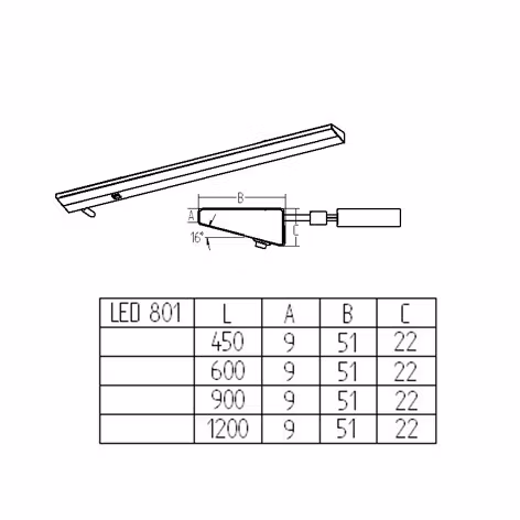 Bänkbelysning LED801 Armatur 450-1200mm