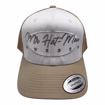 YP6606 Classic Trucker Khaki/White/Khaki Mesh with white oval and silver text