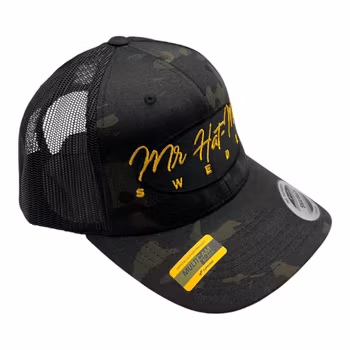 YP6511MC Multicam Trucker Mesh Black with black oval and yellow text