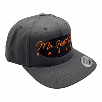 YP6606 Classic Snapback Dark Grey with black front oval and orange text