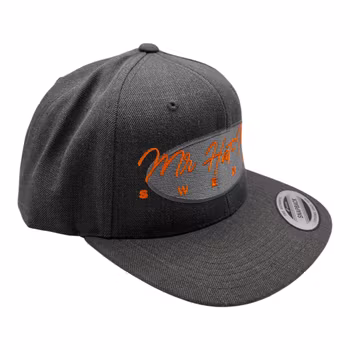 YP6089M SnapBack Dark Grey with a silver front oval and orange text