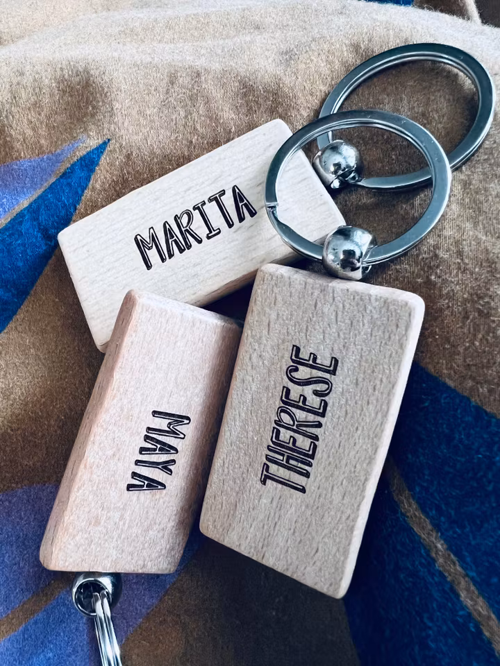 Tack för att du har hjälpt mig att växa - Nyckelring i trä med namn på baksidan