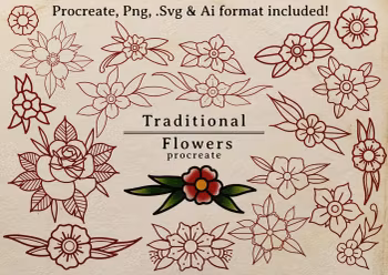 100 tattoo inspired Traditional flowers drawn by hand - .svg .png .ai & Procreate files included
