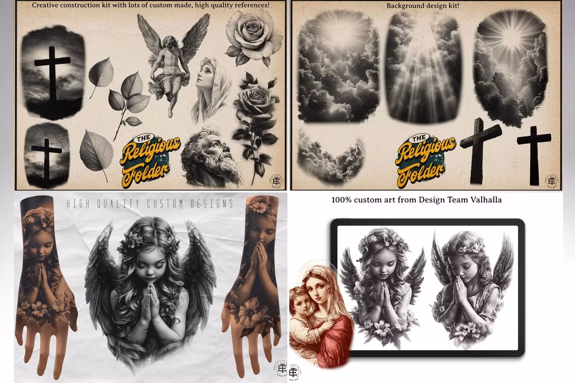 The Religious Folder - XL, Procreate stamps, Svg files, Png files, 2700+ elements, Tattoo flash, Tattoo ideas, Religious designs