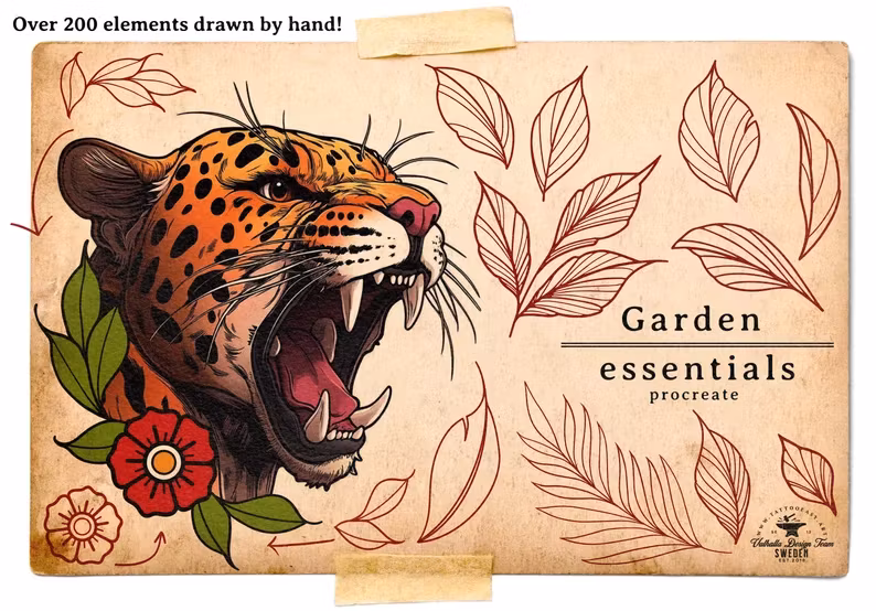 Procreate - Garden Essentials, Tattoo Leaves & Flowers, Fineline, hand drawn