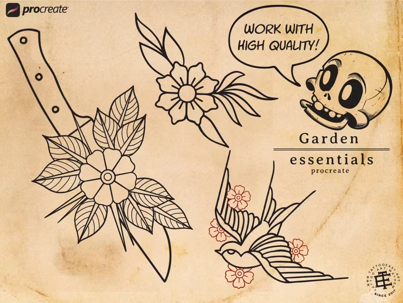 Procreate - Garden Essentials, Tattoo Leaves & Flowers, Fineline, hand drawn