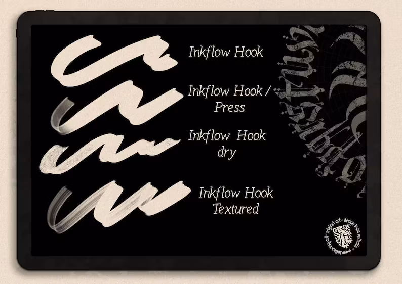 InkFlow Blackletter brushes + alphabet, calligraffiti brushes, gothic calligraphy for procreate, tattoo brushes