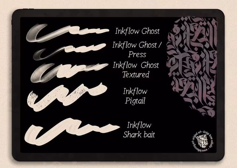 InkFlow Blackletter brushes + alphabet, calligraffiti brushes, gothic calligraphy for procreate, tattoo brushes