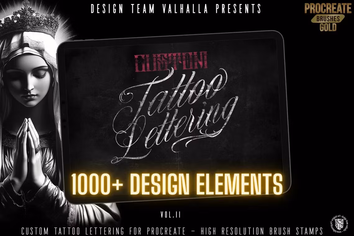 Procreate, Custom Tattoo Lettering Vol.2 / XL bundle 1000+ design elements for Procreate