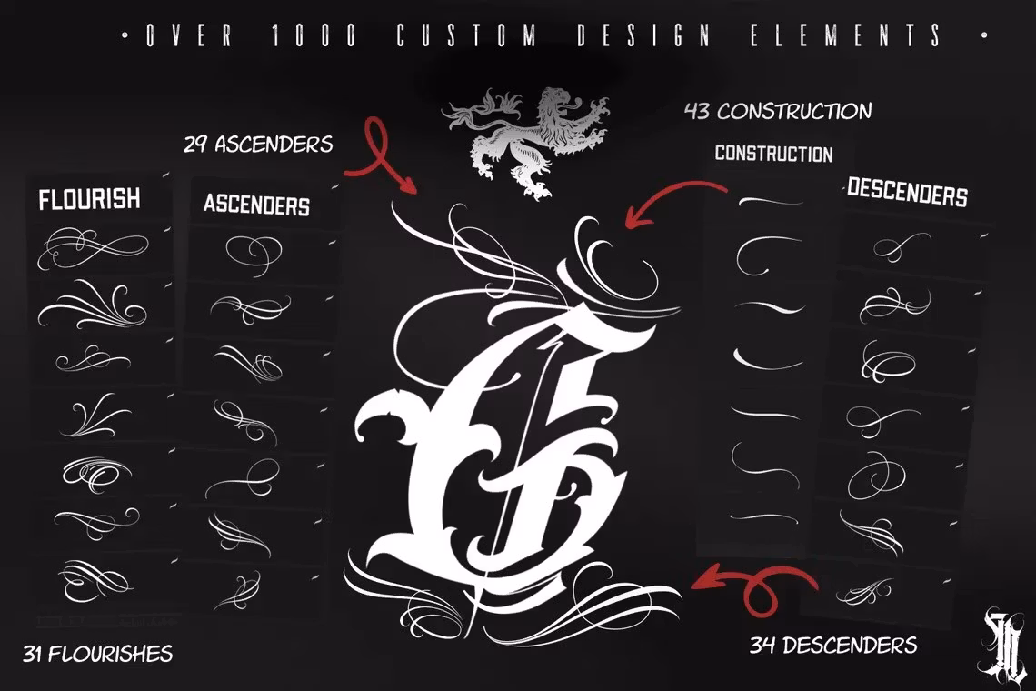 Procreate, Custom Tattoo Lettering Vol.2 / XL bundle 1000+ design elements for Procreate