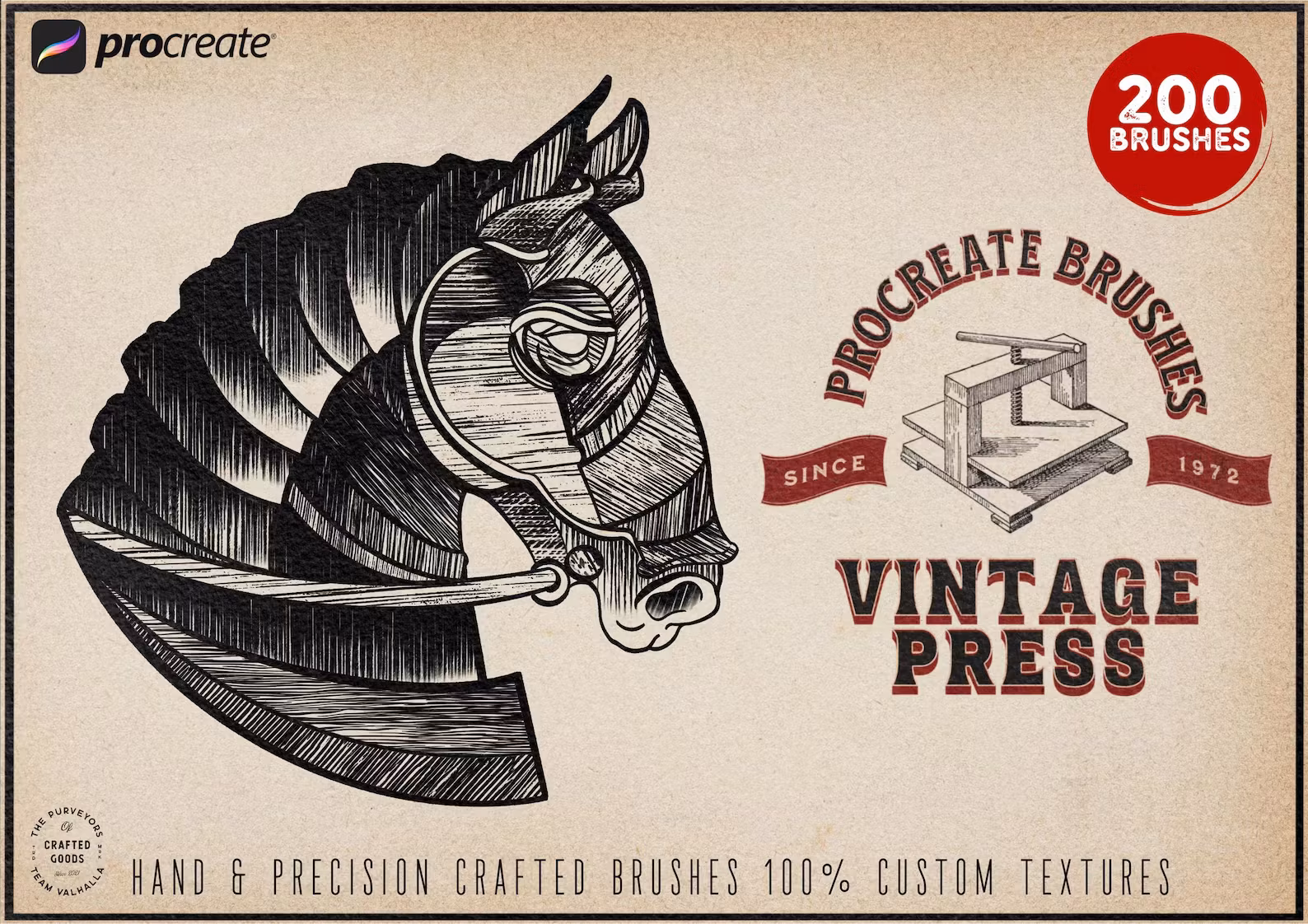 Procreate - The Vintage Press,retro printmaking & engrave brushes, 200 brushes for Procreate, unique textures, creative brushes / textures