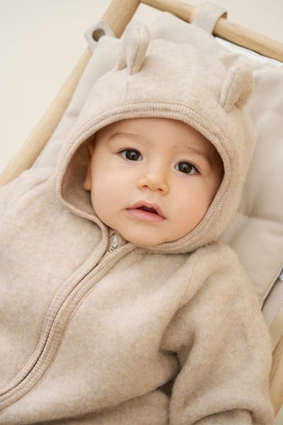 HUTTEliHUT - Pram Suit with Ears Wool Fleece - Camel Melange