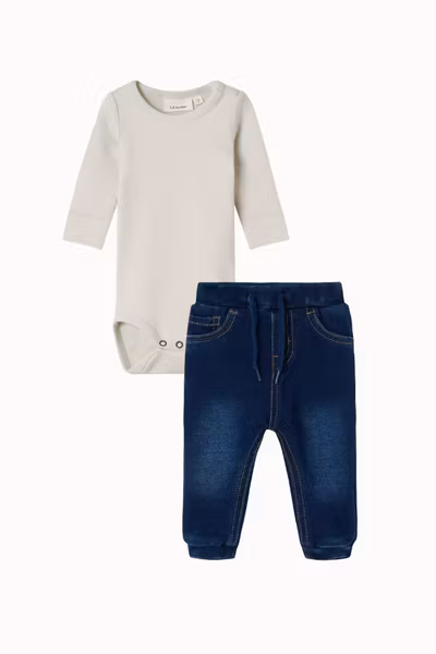 Matchat Set - Lil'Atelier Slim Solid Baby Body Turtledove & Name it Mini Jeans - Blue