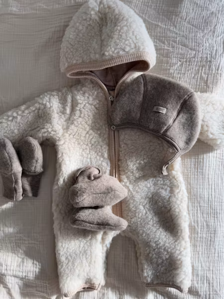 HUTTEliHUT - Pram Suit Wool Teddy Overall Set Outfit - Cement/Savannah